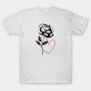 Rose Flower with Heart Black And White Botanical Illustration T-Shirt